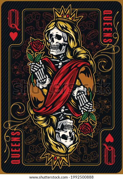 Queen of hearts poker card template with\
skeleton in crown holding rose flower on gambling icons background\
vector illustration