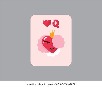 queen of hearts. Stylized Vector glamour style playing card with animated style queen on pink background.