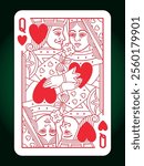 Queen Hearts suit playing card and Jack, vintage classic design, isolated on white, editable vector stroke line.	