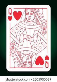 Queen Hearts suit playing card, vintage classic design, isolated on white, editable vector stroke line.