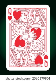 Queen Hearts suit playing card and Jack, vintage classic design, isolated on white, editable vector stroke line.	