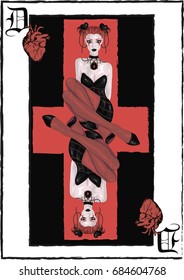 Queen of hearts - Vector  card - High detailed vector illustration - Pretty goth girl with red and black  hair, reddish brown eyes with heart inside in black dress.