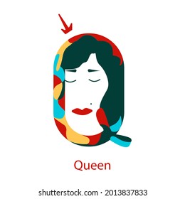 Queen of hearts vector illustration. multicolored q stylized as a card of queen hearts and a girl s face at the top and an inscription at the bottom. for posters and t-shirts