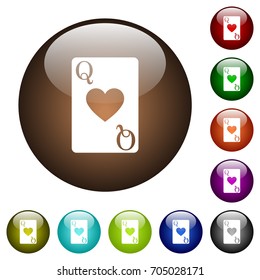 Queen of hearts white icons on round color glass buttons