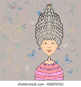 Queen with a high hairdo on background and butterfly and numbers, illustration cartoon