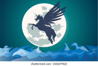 The queen of horses flies on the big moon in the middle of the ocean at night. vector panorama
