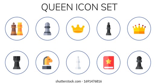 queen icon set. 10 flat queen icons. Included chess, rook, pawn, crown, bishop, tale icons