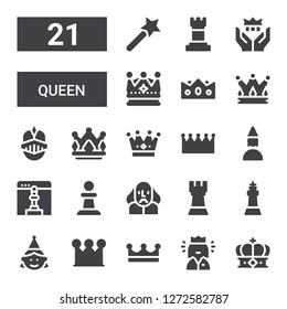 queen icon set. Collection of 21 filled queen icons included Crown, Queen, Birthday girl, King, Rook, Shakespeare, Pawn, Chess, Knight, Magic wand