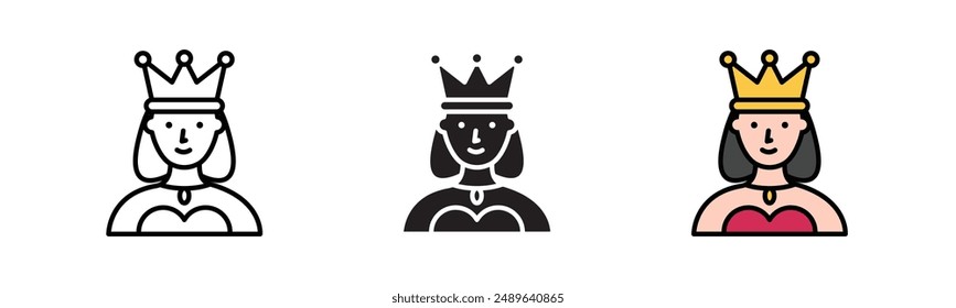 Queen Icon set, Linear and flat icon, color fill with black outline icon