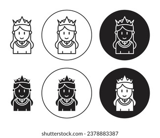 Juego de iconos de Reina. mujer con símbolo vectorial de la corona en un estilo relleno y delineado negro.