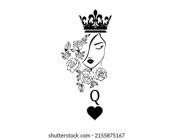 Queen Icon Vector illustration. Q women and Rose Flower Symbol. Poker Card Sign with Crown, emblem isolated on white background, Flat style for graphic and silhouette, Heart, t-shirt, tattoo