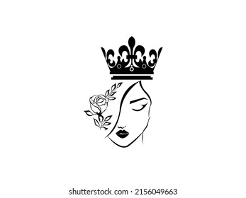 Queen Icon Vector illustration. Women Face Symbol. Poker Card Sign with Crown, emblem isolated on White Background, Flat Style for Graphic and Silhouette, T-shirt, Tattoo