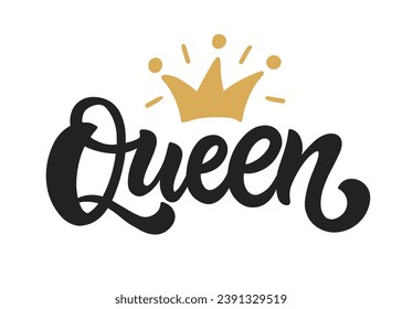 Queen Inscription Logo. Hand Written Lettering. Royal Modern Calligraphy. Typography Vector Illustration. Vintage Style Retro Design 