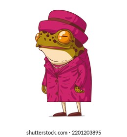 The Queen  isolated vector illustration  Funny cartoon picture stylish frog lady wearing pink clothes  Drawn animal sticker  An anthropomorphic toad white  A dressed animal