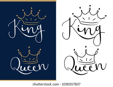 Queen and king. Black text logo with royal crown and tiara. Doodle illustration, hand drawn design element isolated on white background. Royal print: t-shirt, cup, pillow, wedding invitation, poster.