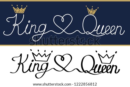 Queen and king. Black text logo royal crown and tiara. Doodle illustration, handwritten isolated on white background. T-shirt, cup, pillow, wedding invitation, canvas poster. Thin thread minimal style