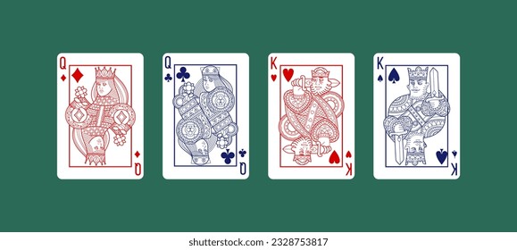 Las tarjetas de la reina y del rey. Juegos de casino. Corazón rojo y patrón plano de pala negra. Caracteres con diamantes. Caras gráficas. Apuestas de ocio. Paquete real de fortuna. Juego de suerte de póker de diseño de vectores