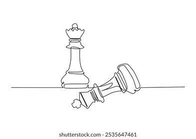 Queen and King of chess in continuous one line drawing. Single line art illustration of one chess checkmate concept. Editable vector.
