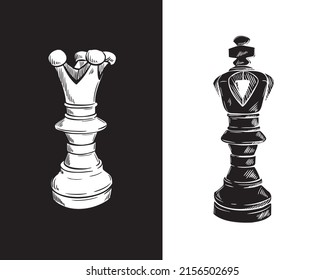  Queen and king chess piece in the sketch style. Vector hand-drawn illustration.