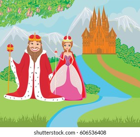 queen and king are in front of the castle