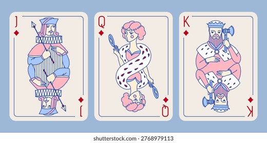 Queen King Jack of Clubs playing cards set vector pink blue style