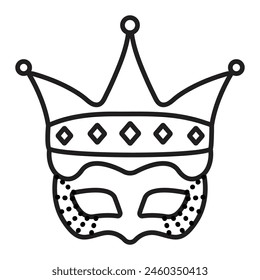 Queen and king masquerade mask with a crown, prince and princess costume part, single vector black line icon