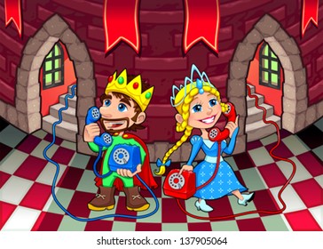 Queen and King at the phone. Cartoon and vector illustration.