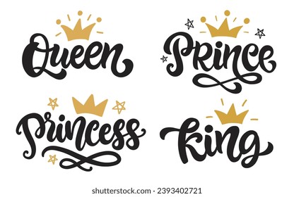 Königin, König, Prinzessin und Prinzessin fertigen eine Schriftsatzschrift. Royal Family Modern Calligraphy Collection. Typografie-Vektorgrafik. Vintage Style Retro Design 