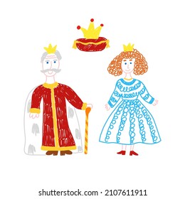 Queen and king. Royal family from fairy tale. Children's drawing. Isolated vector illustration