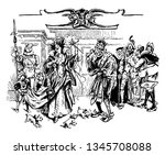 A queen and king surrounded by group of people, dogs running around them, vintage line drawing or engraving illustration