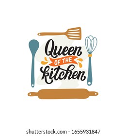 Queen of the kitchen. Hand lettered kitchen quote with cooking clipart. Vector illustration 