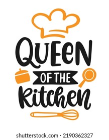 Queen of the Kitchen, Master chef hand written lettering emblem with cooker hat. Baking modern calligraphy badge logotype. Cooking. Vintage retro Kitchen decor. Vector illustration. Apron print design