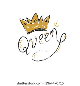 Queen letter typography hand drawn doodle style hand writing. White background isolated.