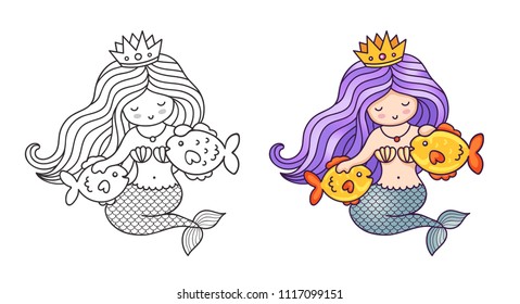 Queen mermaid with beautiful hair, stroking two golden fish. Cute cartoon characters. Vector illustration for coloring book, print, card, postcard, poster, t-shirt, patch, tattoo.