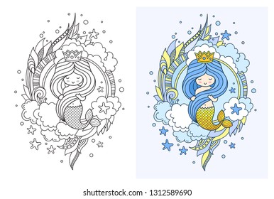 Queen mermaid with gorgeous blue hair, surrounded by fantasy clouds, plants, seaweed and starfish. Page for adult coloring book, print, poster, postcard. Vector illustration.