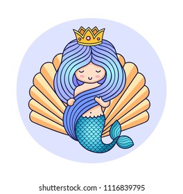 Queen mermaid on a background of a seashell. Cartoon character for poster, postcard, invitation. Colorful illustration. Print for kids, children's, babies fashion and clothes.