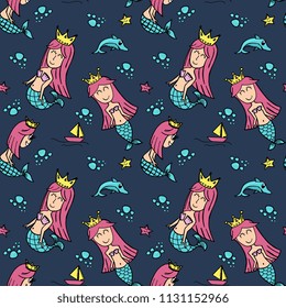 Queen of mermaid seamless pattern with cute drawing style for baby and kids.