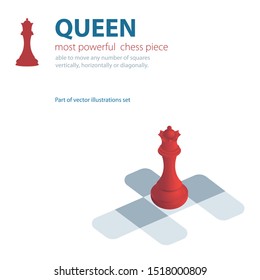 Queen. Most powerful chess piece vector illustration. Chess queen isometric graphic and logotype. Part of set. 