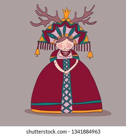 Queen in national costume. Character. Vector illustration drawn by hand. Color image for a greeting card, print for clothes. Vector
