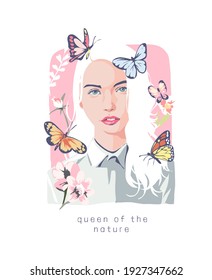 queen of the nature slogan with beautiful girl and colorful butterflies illustration