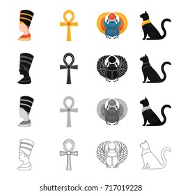 Queen Nefertiti, akhnh, Egyptian cat, beetle of scarab. Ancient Egypt set collection icons in cartoon black monochrome outline style vector symbol stock illustration web.