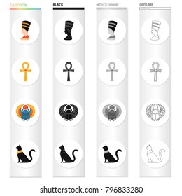 Queen Nefertiti, akhnh, Egyptian cat, beetle of scarab. Ancient Egypt set collection icons in cartoon black monochrome outline style vector symbol stock illustration web.