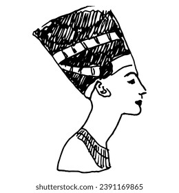 Queen Nefertiti Bust. Ancient Egyptian sculpture. Amarna art. Hand drawn linear doodle rough sketch. Black and white silhouette.