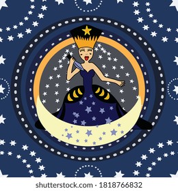 Queen of the night from Amadeus Mozart Magic Flute opera. Lady in sword in hand, seamless pattern made with circles of stars. Perfect for fabric, paper, wallpaper.