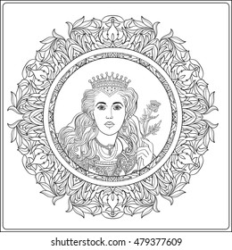 Queen on medieval floral pattern background.  Coloring book for adult and older children. Outline drawing coloring page. 