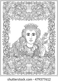 Queen on medieval floral pattern background.  Coloring book for adult and older children. Outline drawing coloring page. 