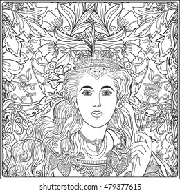 Queen on medieval floral pattern background.  Coloring book for adult and older children. Outline drawing coloring page. 