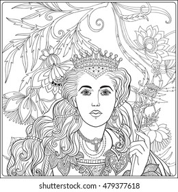 Queen on medieval floral pattern background.  Coloring book for adult and older children. Outline drawing coloring page. 