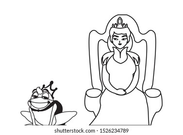 queen on throne with toad prince characters vector illustration design