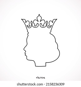 Queen one line Illustration, Beautiful girl in the crown, continuous line drawing, tattoo, print shirt and logo design, silhouette single line on a white background, isolated vector